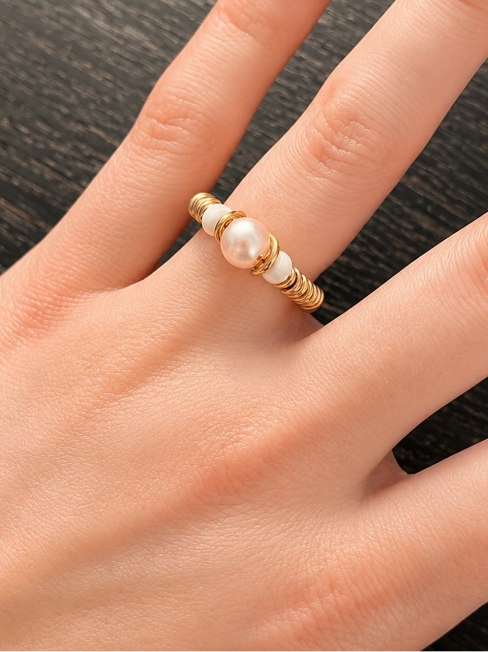Gold Pearl Bead Stack Ring - White Pearl